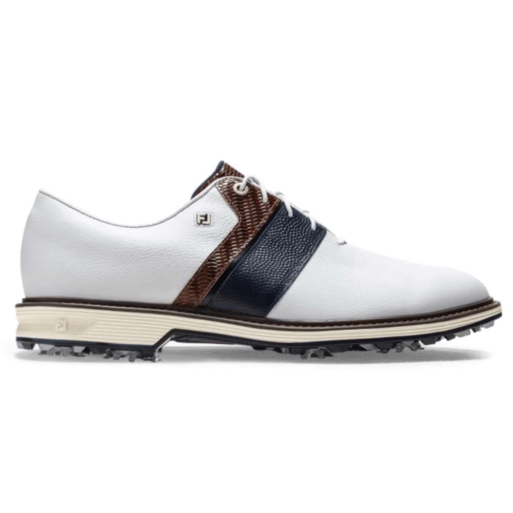 FootJoy Premiere Series Packard LX Golf Shoe, White/Midnight Navy/Chestnut 9.5 M